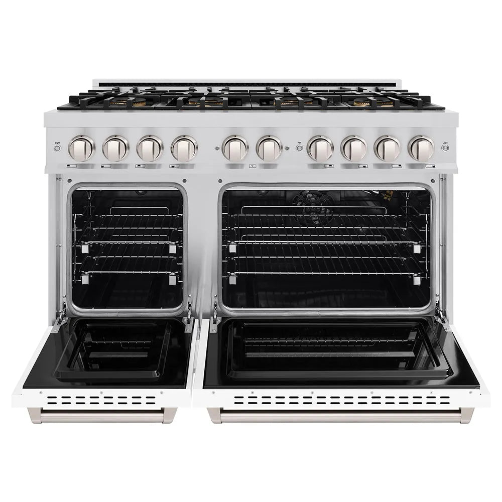 ZLINE 48 in. 6.7 cu. ft. Classic Gas Range with 8 Burner DuoPro™ Cooktop and Dual Ovens with White Matte Doors (PCGR-WM-48) front, oven open.