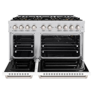 ZLINE 48 in. 6.7 cu. ft. Classic Gas Range with 8 Burner DuoPro™ Cooktop and Dual Ovens with White Matte Doors (PCGR-WM-48) front, oven open.