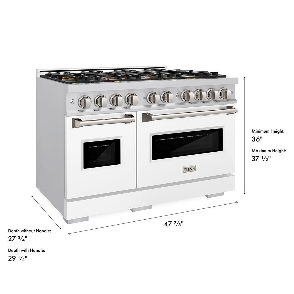ZLINE 48 in. 6.7 cu. ft. Classic Gas Range with 8 Burner DuoPro™ Cooktop and Dual Ovens with White Matte Doors (PCGR-WM-48) dimensional diagram.