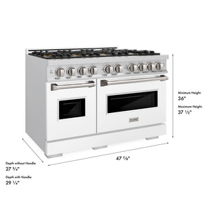 ZLINE 48 in. 6.7 cu. ft. Classic Gas Range with 8 Burner DuoPro™ Cooktop and Dual Ovens with White Matte Doors (PCGR-WM-48) dimensional diagram.