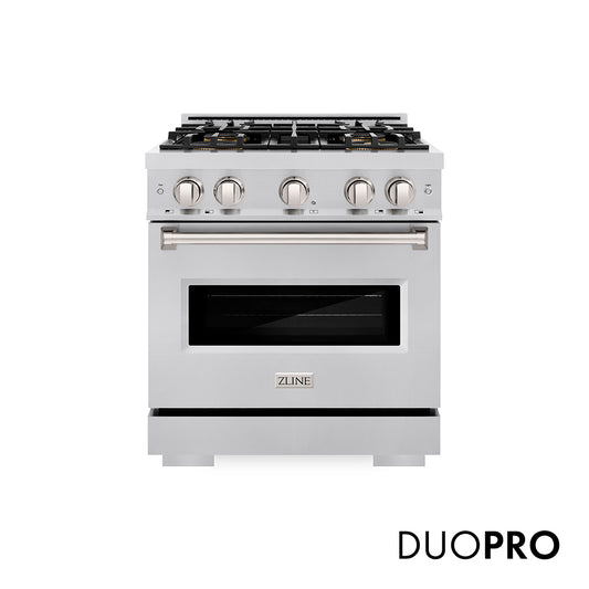 ZLINE 30 in. 4.2 cu. ft. Classic Gas Range with 4 Burner DuoPro™ Cooktop and Convection Gas Oven in Stainless Steel (PCGR30) front, with DuoPro™ logo.
