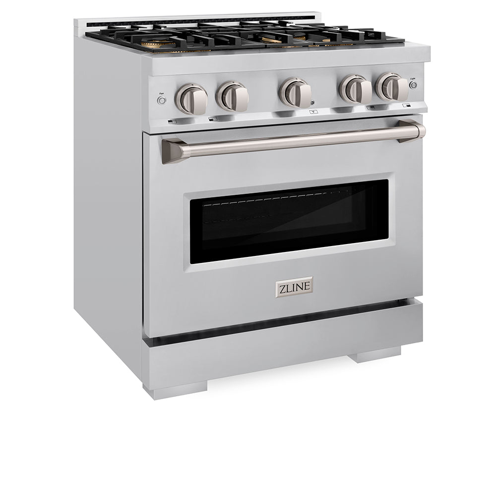 ZLINE 30 in. 4.2 cu. ft. Classic Gas Range with 4 Burner DuoPro™ Cooktop and Convection Gas Oven in Stainless Steel (PCGR30) side, oven closed.