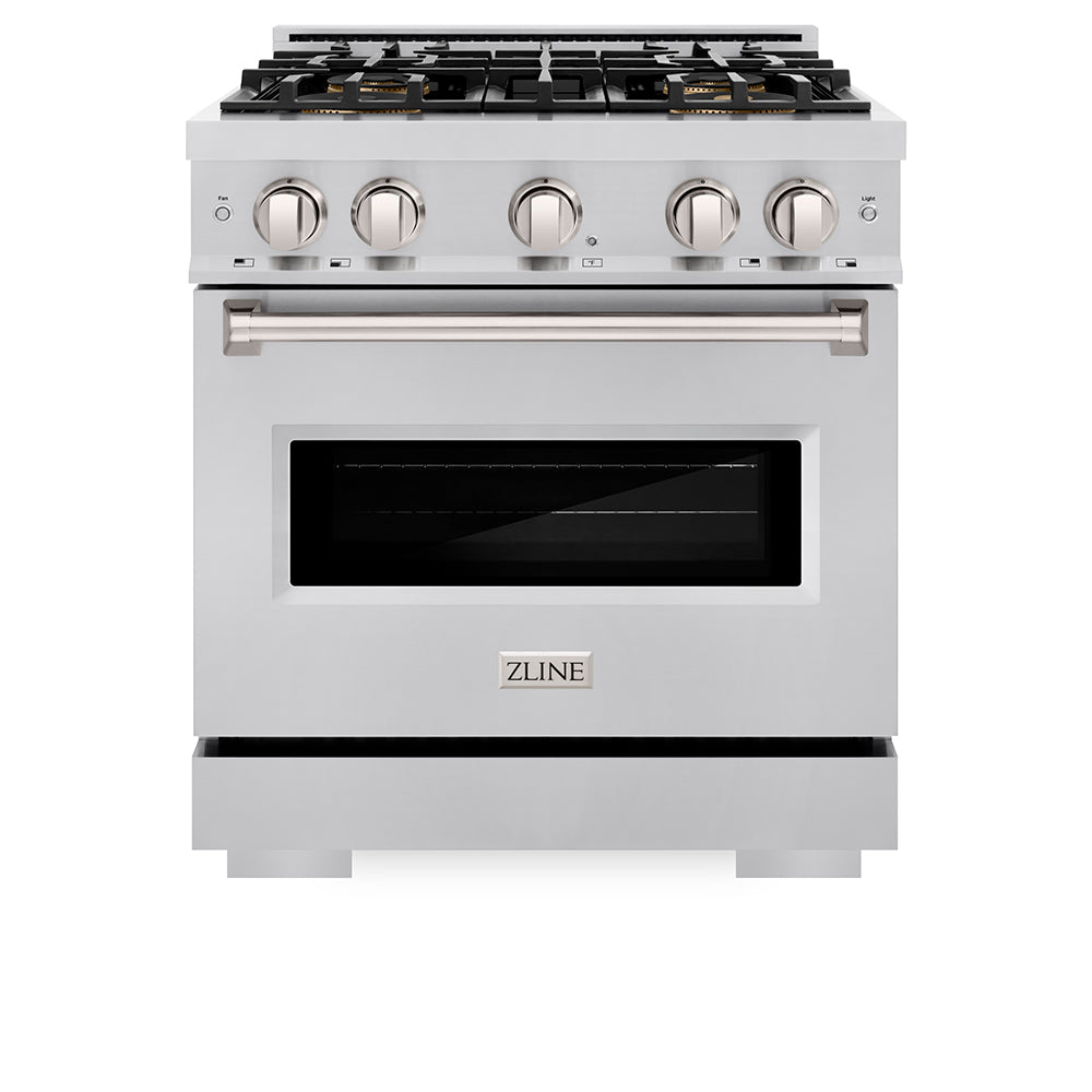ZLINE 30 in. 4.2 cu. ft. Classic Gas Range with 4 Burner DuoPro™ Cooktop and Convection Gas Oven in Stainless Steel (PCGR30) front, oven closed.