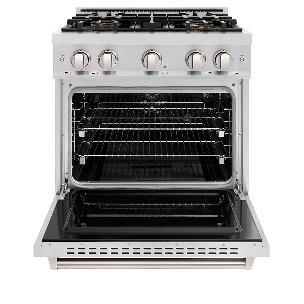 ZLINE 30 in. 4.2 cu. ft. Classic Gas Range with 4 Burner DuoPro™ Cooktop and Convection Gas Oven in Stainless Steel (PCGR30) front, oven open.