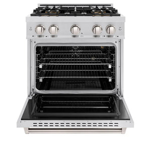 ZLINE 30 in. 4.2 cu. ft. Classic Gas Range with 4 Burner DuoPro™ Cooktop and Convection Gas Oven in Stainless Steel (PCGR30) front, oven open.