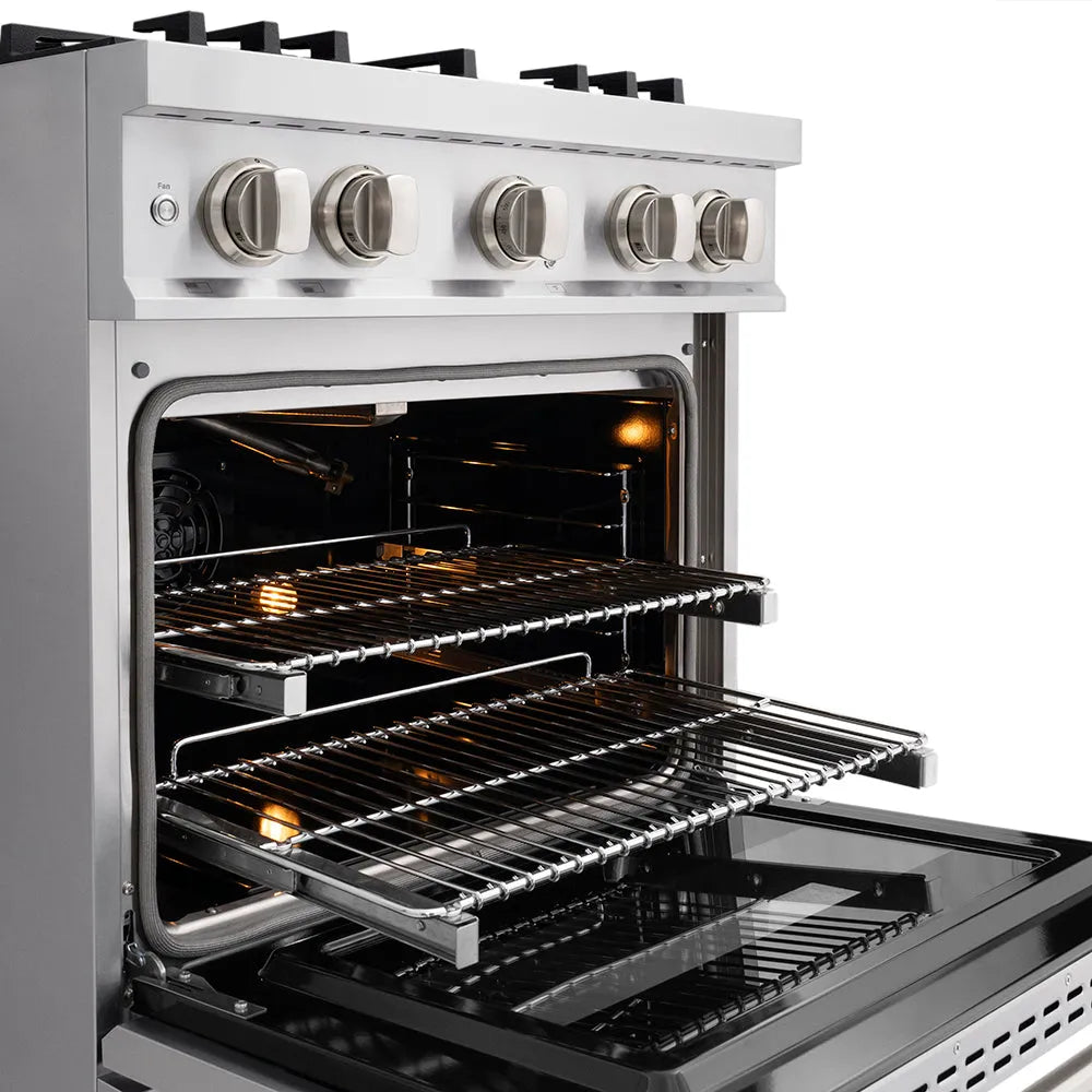 ZLINE 30 in. 4.2 cu. ft. Classic Gas Range with 4 Burner DuoPro™ Cooktop and Convection Gas Oven in Stainless Steel (PCGR30) open oven with racks inside, showing interior design and layout.