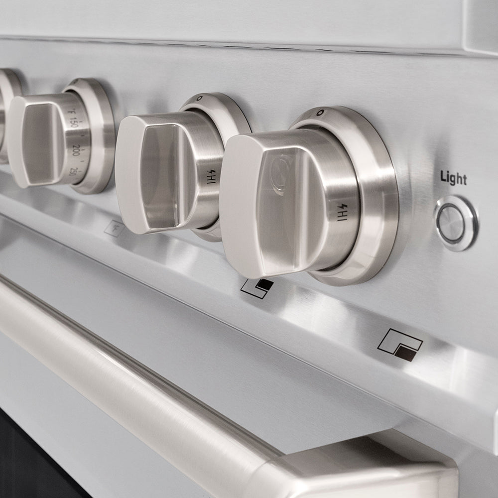 ZLINE 30 in. 4.2 cu. ft. Classic Gas Range with 4 Burner DuoPro™ Cooktop and Convection Gas Oven in Stainless Steel (PCGR30) cooktop and oven knobs.