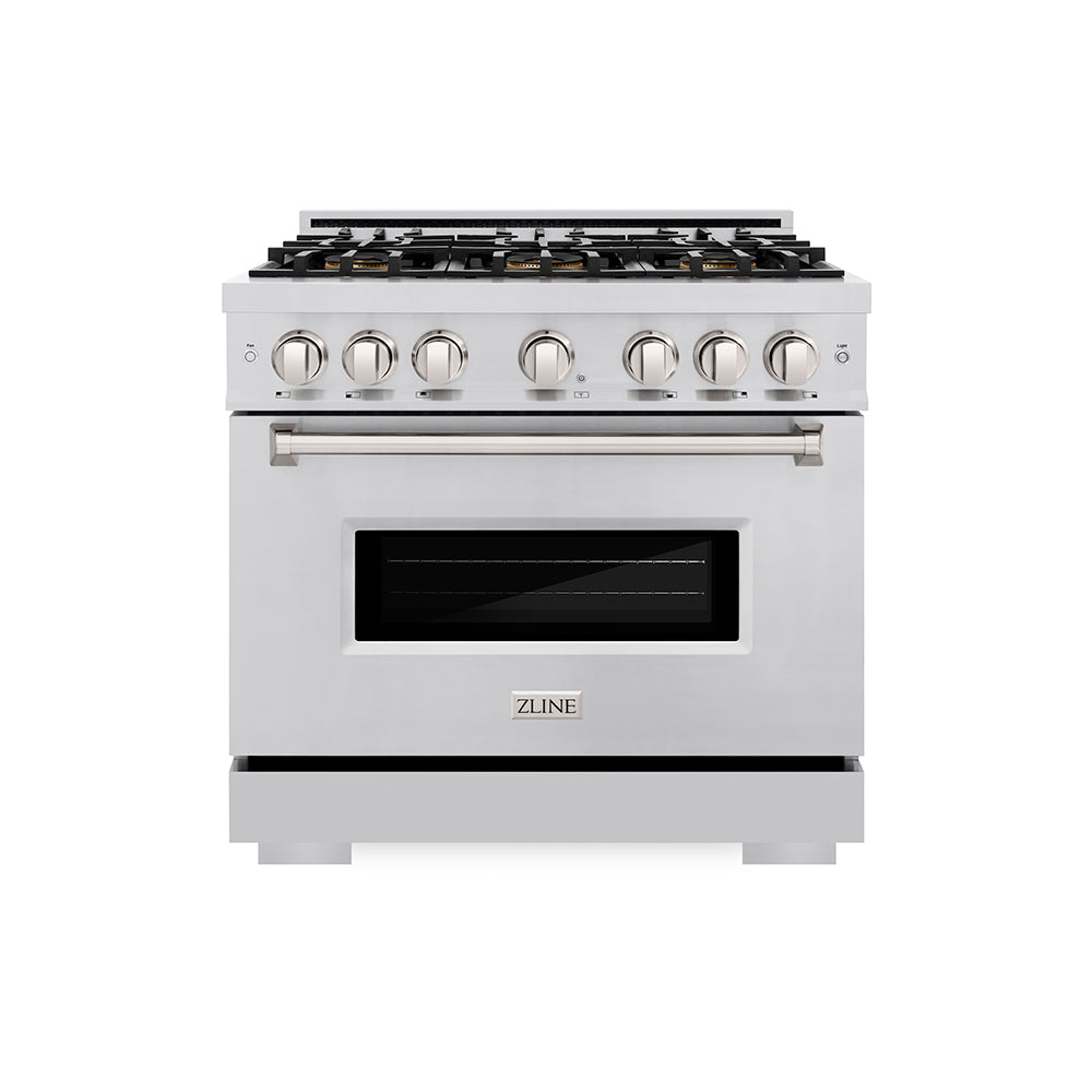 ZLINE 36 in. 5.2 cu. ft. Classic Gas Range with 6 Burner DuoPro™ Cooktop and Convection Gas Oven in Stainless Steel (PCGR36) front.