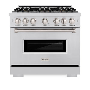 ZLINE 36 in. 5.2 cu. ft. Classic Gas Range with 6 Burner DuoPro™ Cooktop and Convection Gas Oven in Stainless Steel (PCGR36) front, oven closed.