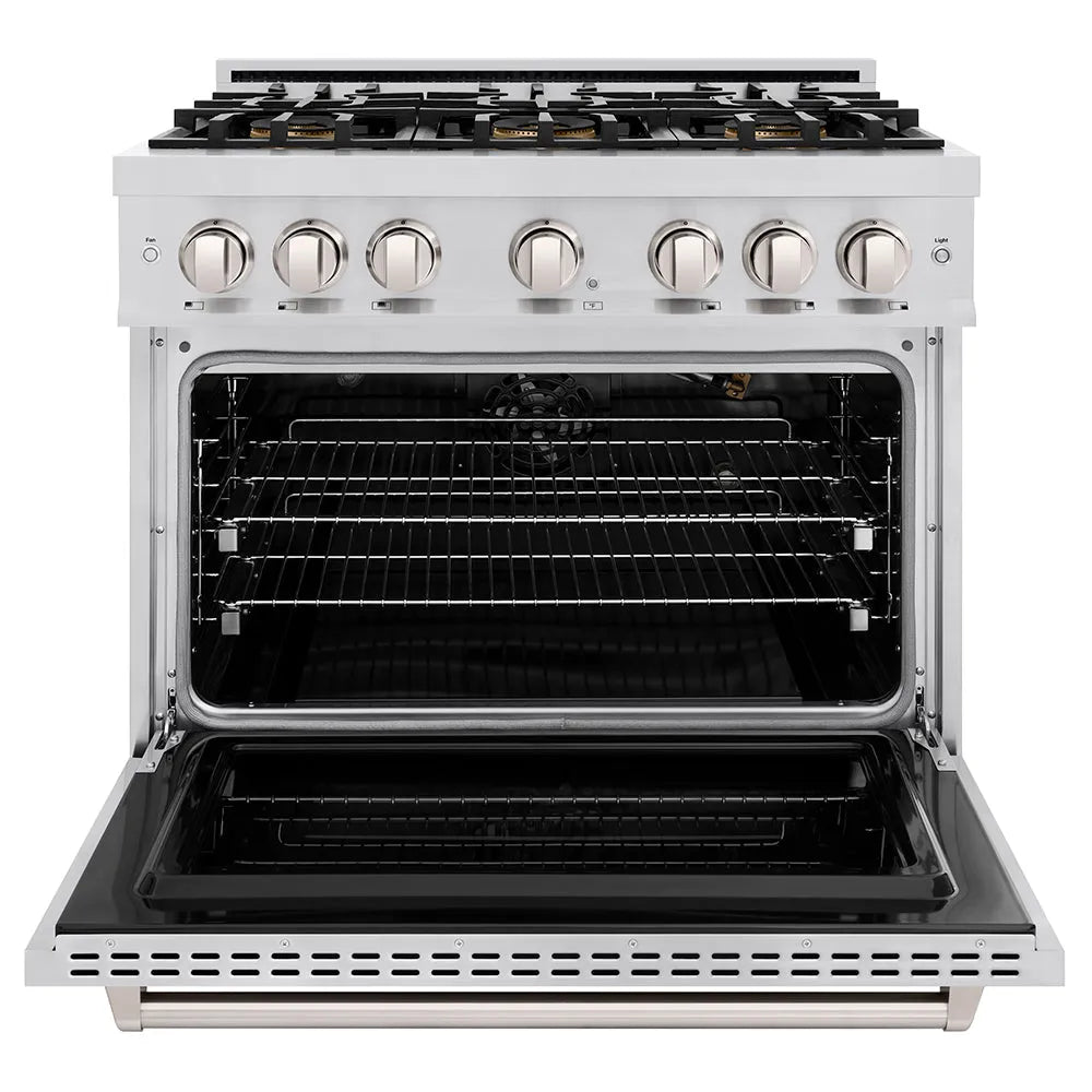 ZLINE 36 in. 5.2 cu. ft. Classic Gas Range with 6 Burner DuoPro™ Cooktop and Convection Gas Oven in Stainless Steel (PCGR36) front, oven open.