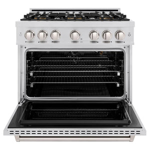 ZLINE 36 in. 5.2 cu. ft. Classic Gas Range with 6 Burner DuoPro™ Cooktop and Convection Gas Oven in Stainless Steel (PCGR36) front, oven open.