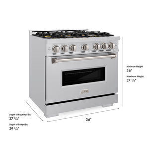 ZLINE 36 in. 5.2 cu. ft. Classic Gas Range with 6 Burner DuoPro™ Cooktop and Convection Gas Oven in Stainless Steel (PCGR36) dimensional diagram.