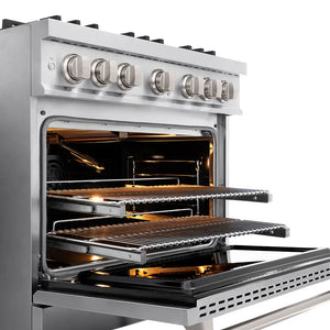 ZLINE 36 in. 5.2 cu. ft. Classic Gas Range with 6 Burner DuoPro™ Cooktop and Convection Gas Oven in Stainless Steel (PCGR36) open oven with racks inside, showing interior design and layout.