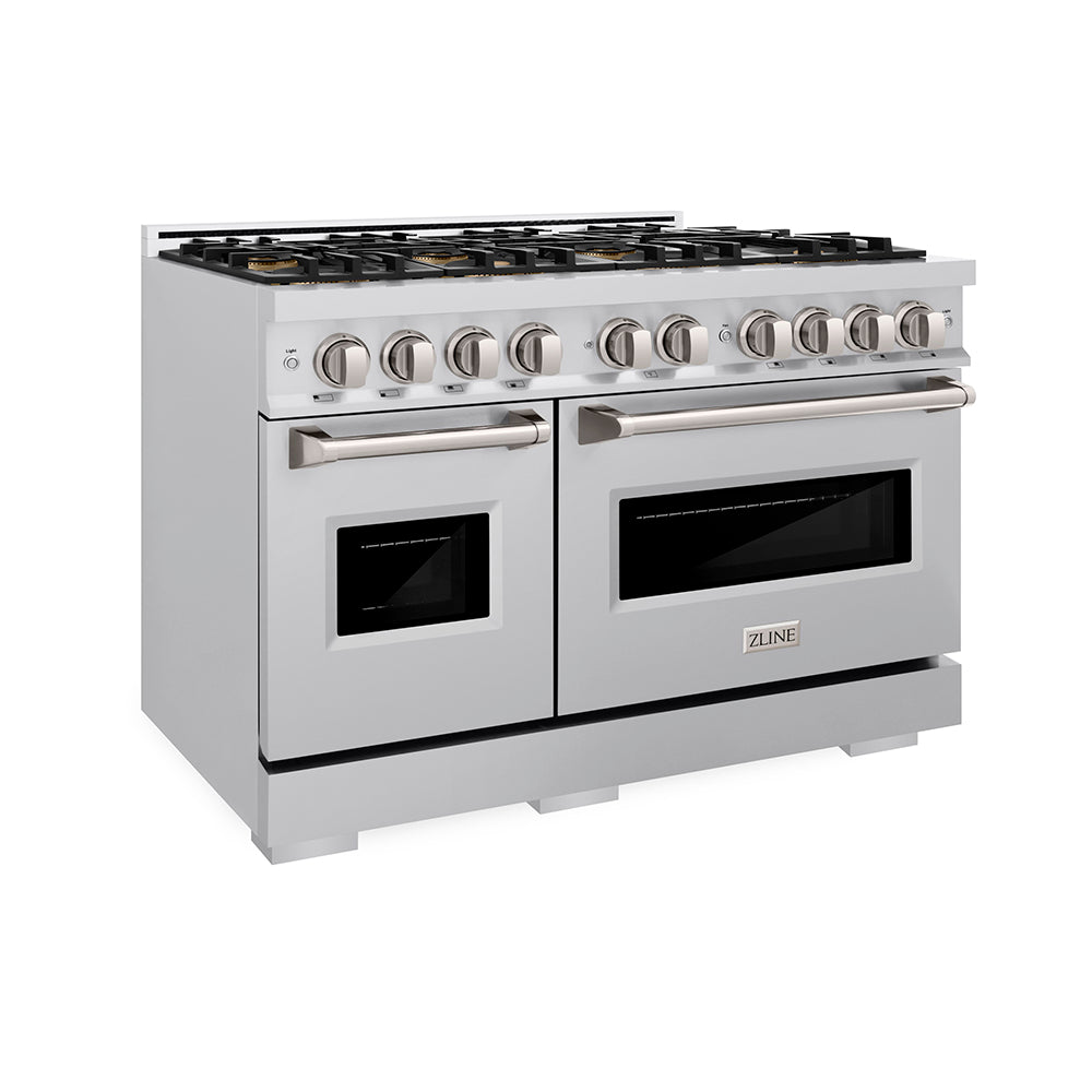 ZLINE 48 in. 6.7 cu. ft. Classic Gas Range with 8 Burner DuoPro™ Cooktop and Dual Ovens in Stainless Steel (PCGR48) side.