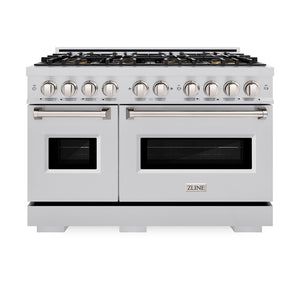 ZLINE 48 in. 6.7 cu. ft. Classic Gas Range with 8 Burner DuoPro™ Cooktop and Dual Ovens in Stainless Steel (PCGR48) front, oven closed.