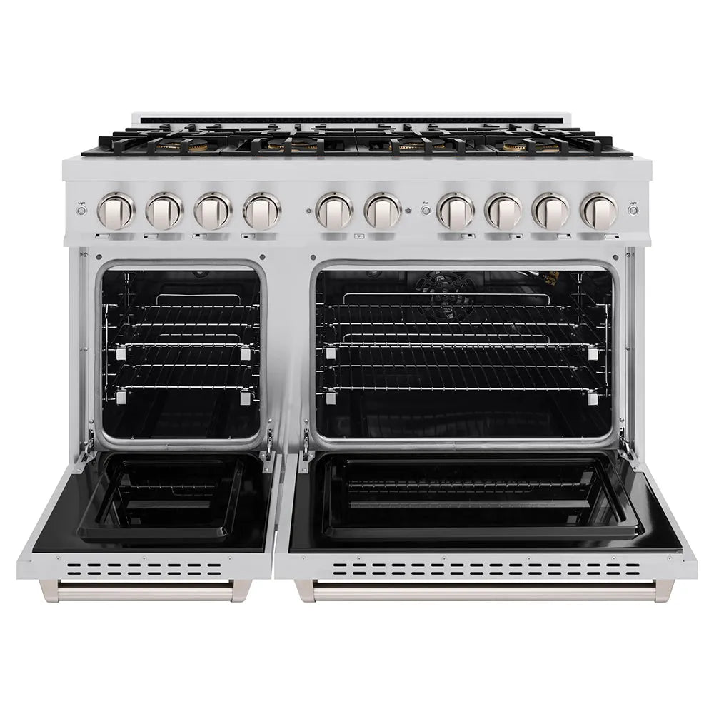 ZLINE 48 in. 6.7 cu. ft. Classic Gas Range with 8 Burner DuoPro™ Cooktop and Dual Ovens in Stainless Steel (PCGR48) front, oven open.