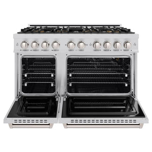 ZLINE 48 in. 6.7 cu. ft. Classic Gas Range with 8 Burner DuoPro™ Cooktop and Dual Ovens in Stainless Steel (PCGR48) front, oven open.