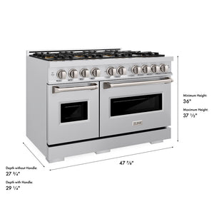 ZLINE 48 in. 6.7 cu. ft. Classic Gas Range with 8 Burner DuoPro™ Cooktop and Dual Ovens in Stainless Steel (PCGR48) dimensional diagram.