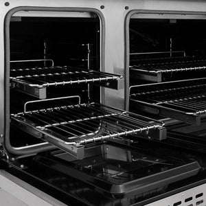 ZLINE 48 in. 6.7 cu. ft. Classic Gas Range with 8 Burner DuoPro™ Cooktop and Dual Ovens in Stainless Steel (PCGR48) open oven with racks inside, showing interior design and layout.