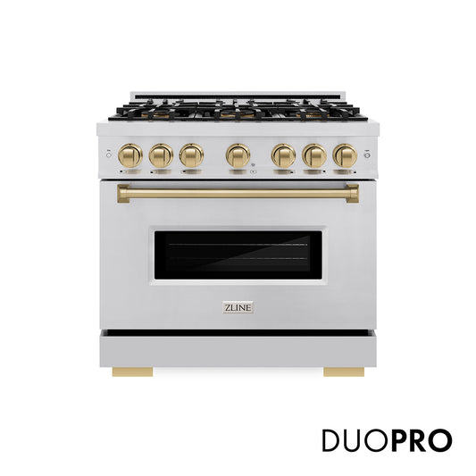 ZLINE Autograph Edition 36 in. 5.2 cu. ft. Classic Gas Range with 6 Burner DuoPro™ Cooktop and Convection Gas Oven in Stainless Steel and Champagne Bronze Accents (PCGRZ-36-CB) front, with DuoPro™ logo.