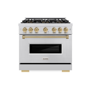 ZLINE Autograph Edition 36 in. 5.2 cu. ft. Classic Gas Range with 6 Burner DuoPro™ Cooktop and Convection Gas Oven in Stainless Steel and Champagne Bronze Accents (PCGRZ-36-CB) front.