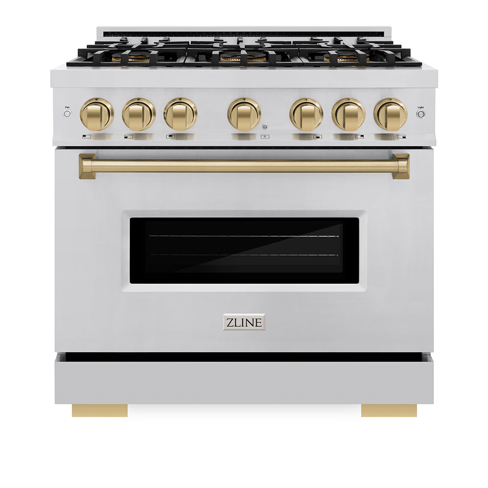 ZLINE Autograph Edition 36 in. 5.2 cu. ft. Classic Gas Range with 6 Burner DuoPro™ Cooktop and Convection Gas Oven in Stainless Steel and Champagne Bronze Accents (PCGRZ-36-CB) front, oven closed.