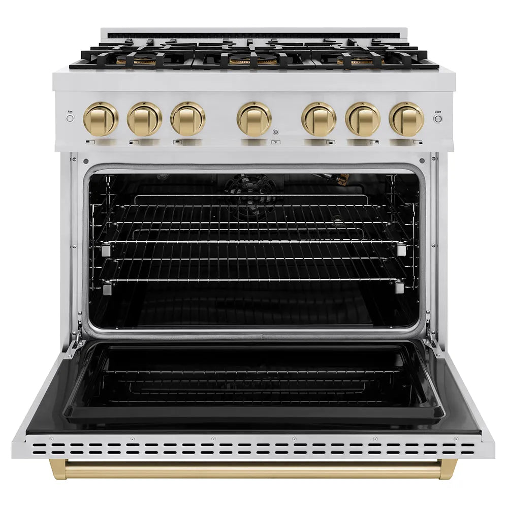 ZLINE Autograph Edition 36 in. 5.2 cu. ft. Classic Gas Range with 6 Burner DuoPro™ Cooktop and Convection Gas Oven in Stainless Steel and Champagne Bronze Accents (PCGRZ-36-CB) front, oven open.