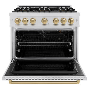 ZLINE Autograph Edition 36 in. 5.2 cu. ft. Classic Gas Range with 6 Burner DuoPro™ Cooktop and Convection Gas Oven in Stainless Steel and Champagne Bronze Accents (PCGRZ-36-CB) front, oven open.
