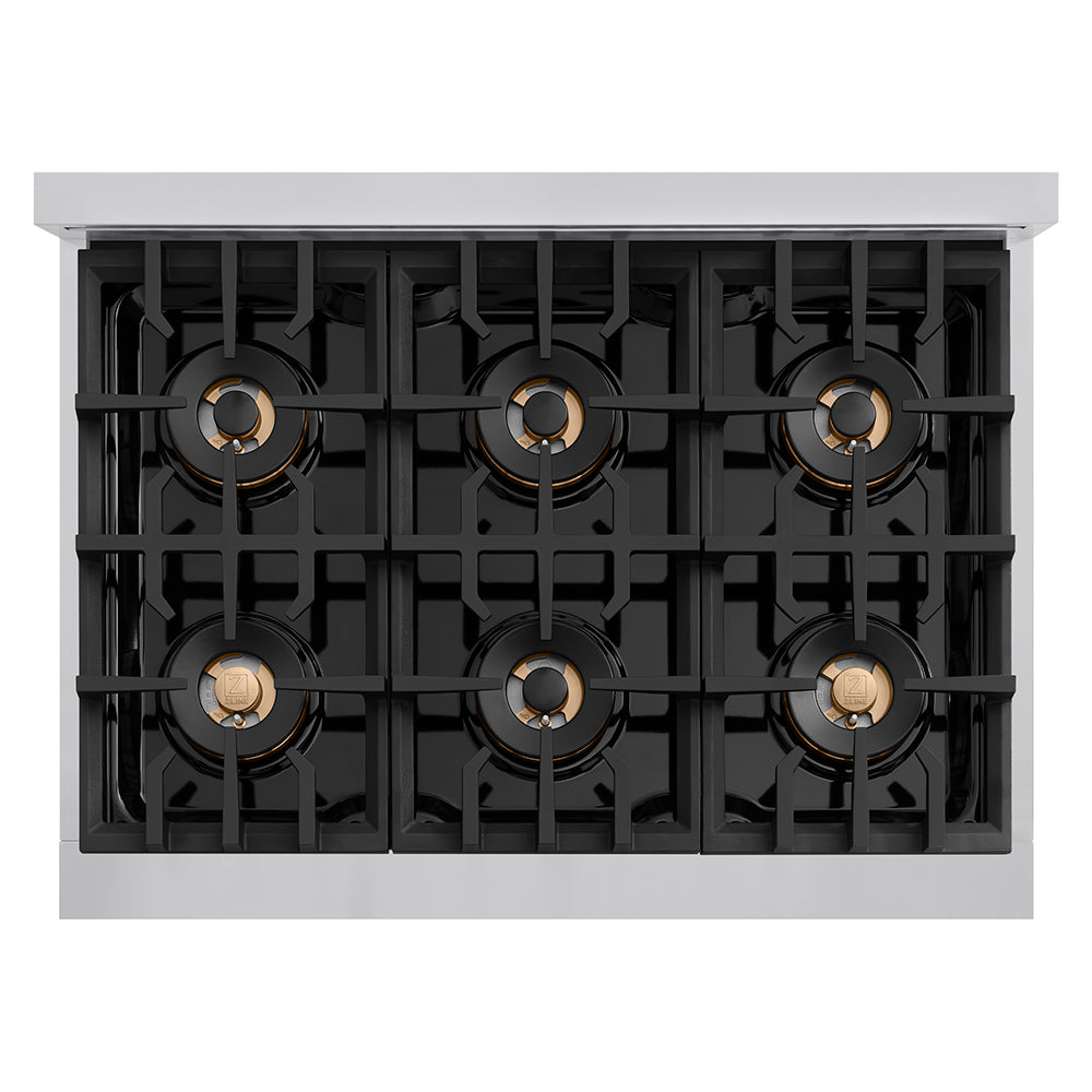ZLINE Autograph Edition 36 in. 5.2 cu. ft. Classic Gas Range with 6 Burner DuoPro™ Cooktop and Convection Gas Oven in Stainless Steel and Champagne Bronze Accents (PCGRZ-36-CB) top-down, above cooktop.