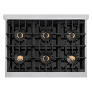 ZLINE Autograph Edition 36 in. 5.2 cu. ft. Classic Gas Range with 6 Burner DuoPro™ Cooktop and Convection Gas Oven in Stainless Steel and Champagne Bronze Accents (PCGRZ-36-CB) top-down, above cooktop.