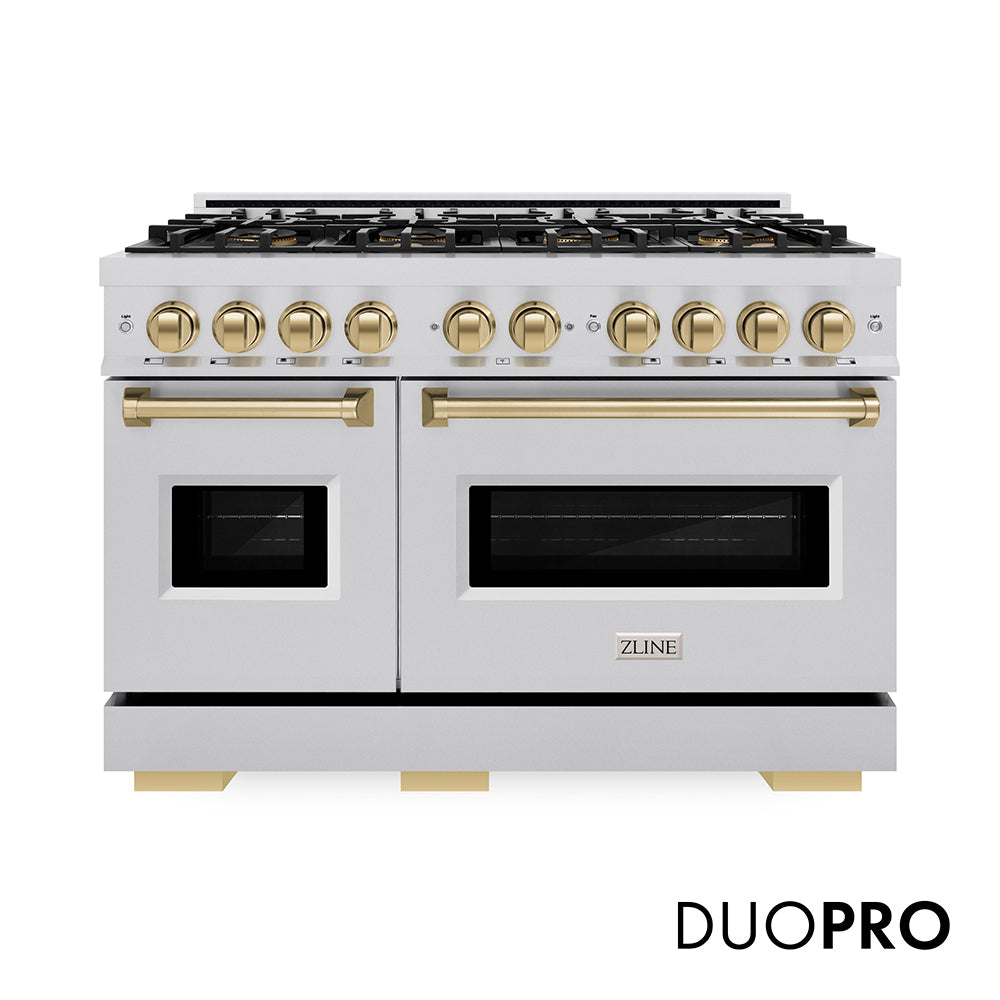 ZLINE Autograph Edition 48 in. 6.7 cu. ft. Classic Gas Range with 8 Burner DuoPro™ Cooktop and Dual Ovens in Stainless Steel and Champagne Bronze Accents (PCGRZ-48-CB) front, with DuoPro™ logo.