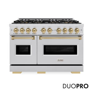 ZLINE Autograph Edition 48 in. 6.7 cu. ft. Classic Gas Range with 8 Burner DuoPro™ Cooktop and Dual Ovens in Stainless Steel and Champagne Bronze Accents (PCGRZ-48-CB) front, with DuoPro™ logo.