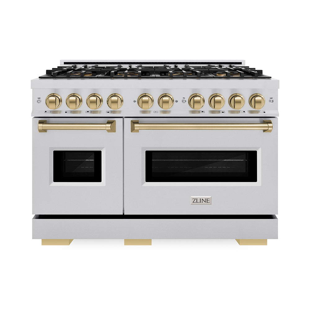 ZLINE Autograph Edition 48 in. 6.7 cu. ft. Classic Gas Range with 8 Burner DuoPro™ Cooktop and Dual Ovens in Stainless Steel and Champagne Bronze Accents (PCGRZ-48-CB) front.