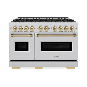 ZLINE Autograph Edition 48 in. 6.7 cu. ft. Classic Gas Range with 8 Burner DuoPro™ Cooktop and Dual Ovens in Stainless Steel and Champagne Bronze Accents (PCGRZ-48-CB) front.