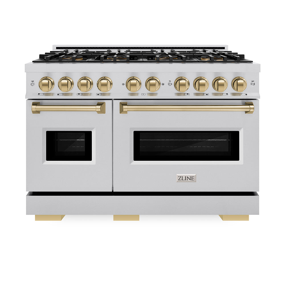 ZLINE Autograph Edition 48 in. 6.7 cu. ft. Classic Gas Range with 8 Burner DuoPro™ Cooktop and Dual Ovens in Stainless Steel and Champagne Bronze Accents (PCGRZ-48-CB) front, oven closed.