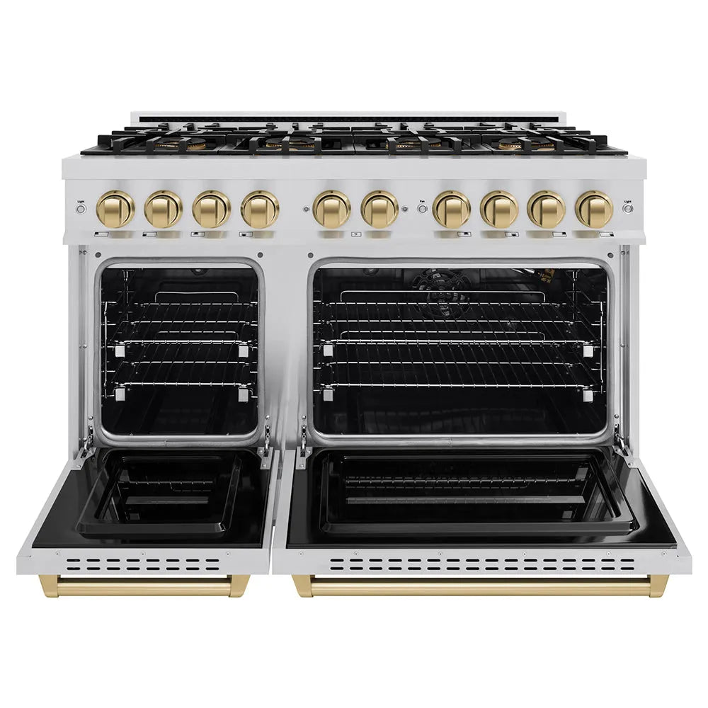 ZLINE Autograph Edition 48 in. 6.7 cu. ft. Classic Gas Range with 8 Burner DuoPro™ Cooktop and Dual Ovens in Stainless Steel and Champagne Bronze Accents (PCGRZ-48-CB) front, oven open.