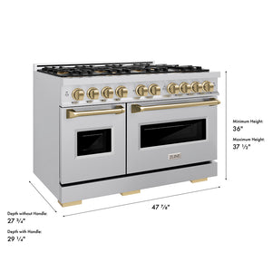 ZLINE Autograph Edition 48 in. 6.7 cu. ft. Classic Gas Range with 8 Burner DuoPro™ Cooktop and Dual Ovens in Stainless Steel and Champagne Bronze Accents (PCGRZ-48-CB) dimensional diagram.