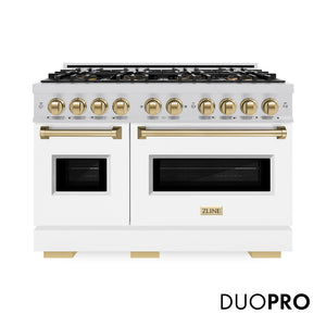 ZLINE Autograph Edition 48 in. 6.7 cu. ft. Classic Gas Range with 8 Burner DuoPro™ Cooktop and Dual Ovens with White Matte Doors and Champagne Bronze Accents (PCGRZ-WM-48-CB) front, with DuoPro™ logo.