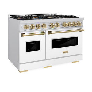 ZLINE Autograph Edition 48 in. 6.7 cu. ft. Classic Gas Range with 8 Burner DuoPro™ Cooktop and Dual Ovens with White Matte Doors and Champagne Bronze Accents (PCGRZ-WM-48-CB) side, oven closed.