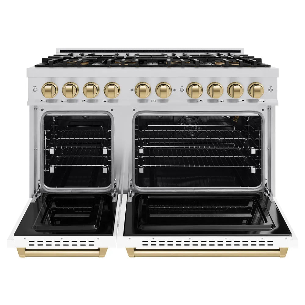 ZLINE Autograph Edition 48 in. 6.7 cu. ft. Classic Gas Range with 8 Burner DuoPro™ Cooktop and Dual Ovens with White Matte Doors and Champagne Bronze Accents (PCGRZ-WM-48-CB) front, oven open.