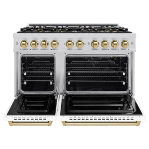 ZLINE Autograph Edition 48 in. 6.7 cu. ft. Classic Gas Range with 8 Burner DuoPro™ Cooktop and Dual Ovens with White Matte Doors and Champagne Bronze Accents (PCGRZ-WM-48-CB) front, oven open.