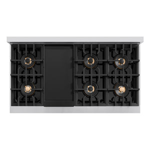 ZLINE Autograph Edition 48 in. 6.7 cu. ft. Classic Gas Range with 8 Burner DuoPro™ Cooktop and Dual Ovens with White Matte Doors and Champagne Bronze Accents (PCGRZ-WM-48-CB) top-down, above cooktop with griddle.