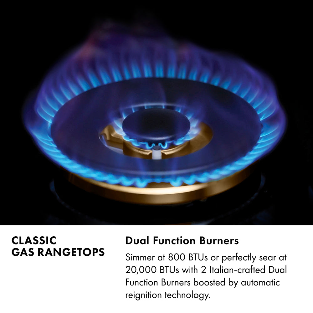Classic Gas Rangetops Infographic. Dual Function Burners. Text: Simmer at 800 BTUs or perfectly sear at 20,000 BTUs with 2 Italian-crafted Dual Function Burners boosted by automatic reignition technology.