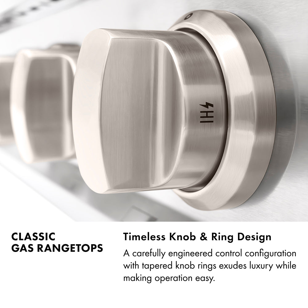 Classic Gas Rangetops Infographic. Timeless Knob and Ring Design. Text: A carefully engineered control configuration with tapered knob rings exudes luxury while making operation easy.