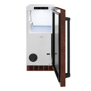ZLINE 15 in. Touchstone Clear Cube Ice Maker with Drain Pump and Hand Hammered Copper Door (ICCD-HH-15) front, open.