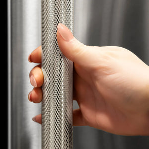 ZLINE Autograph Edition Column Refrigeration Helix Handle (Set of 1) in Polished Nickel (RCHZ-K-PN) on appliance showing diamond knurled details.