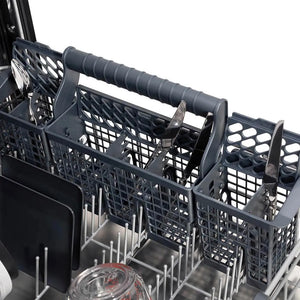 ZLINE 24 in. Monument Series 3rd Rack Top Touch Control Dishwasher with Blue Matte Panel, 45dBa (DWMT-24-BM) close-up, utensil holder on bottom rack.