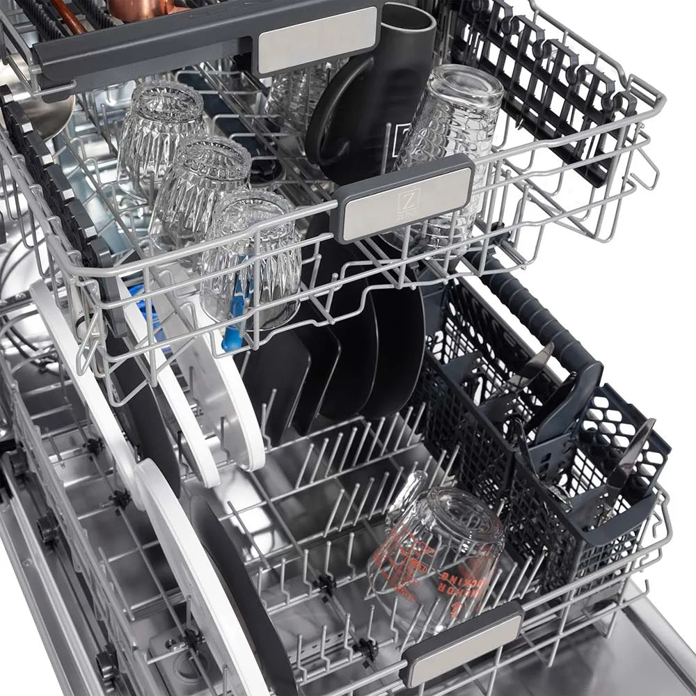 ZLINE Autograph Edition 24 in. 3rd Rack Top Touch Control Tall Tub Dishwasher in Stainless Steel with Polished Gold Handle, 45dBa (DWMTZ-304-24-G) close-up, three adjustable dish racks with dishes loaded.