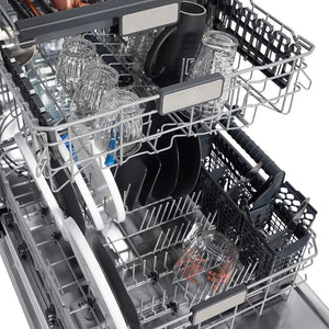 ZLINE Autograph Edition 24 in. 3rd Rack Top Touch Control Tall Tub Dishwasher in Stainless Steel with Polished Gold Handle, 45dBa (DWMTZ-304-24-G) close-up, three adjustable dish racks with dishes loaded.
