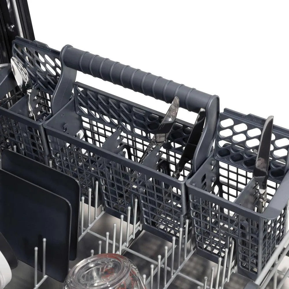 ZLINE 24 in. Monument Series 3rd Rack Top Touch Control Dishwasher with Red Gloss Panel, 45dBa (DWMT-RG-24) close-up, utensil holder on bottom rack.